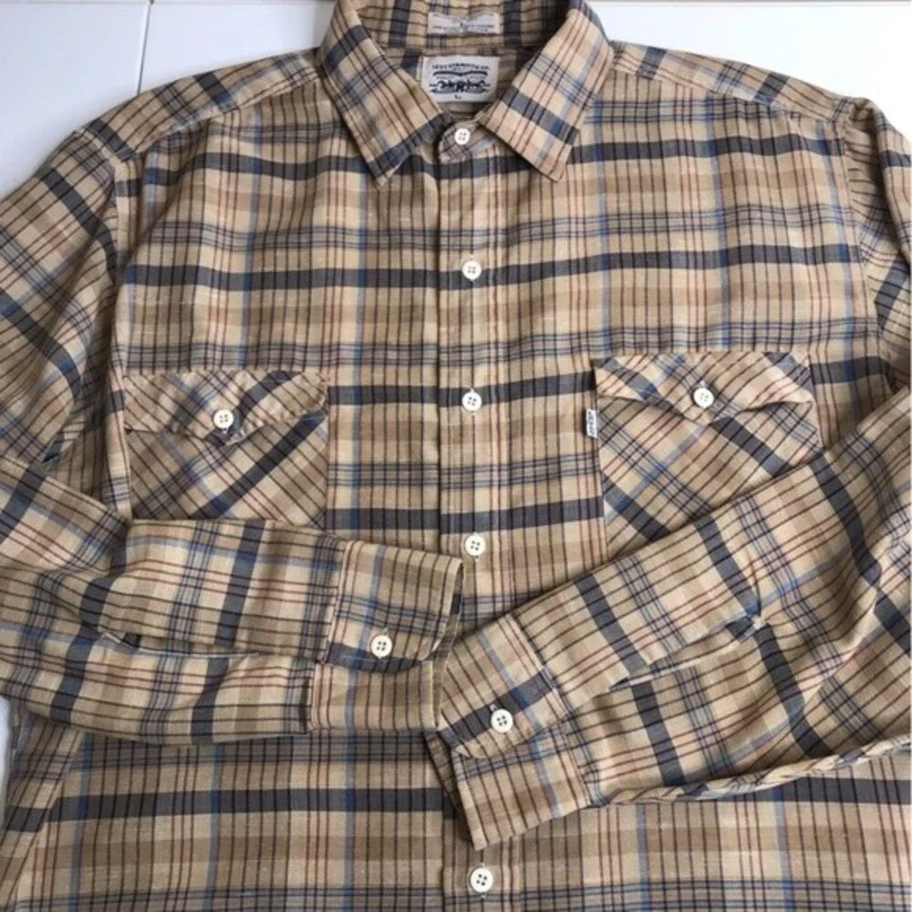 Vintage 1970s Levis Big E Tan Brown Plaid Button Front Long Sleeve Mens Large